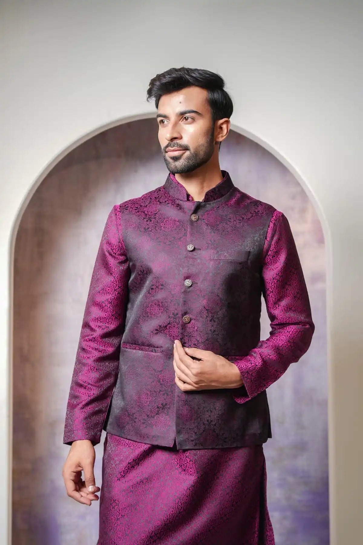 Sleek Black Nehru Jacket With Purple Floral Pattern, Designer Jacquard Nehru Jacket - Kavarsa
