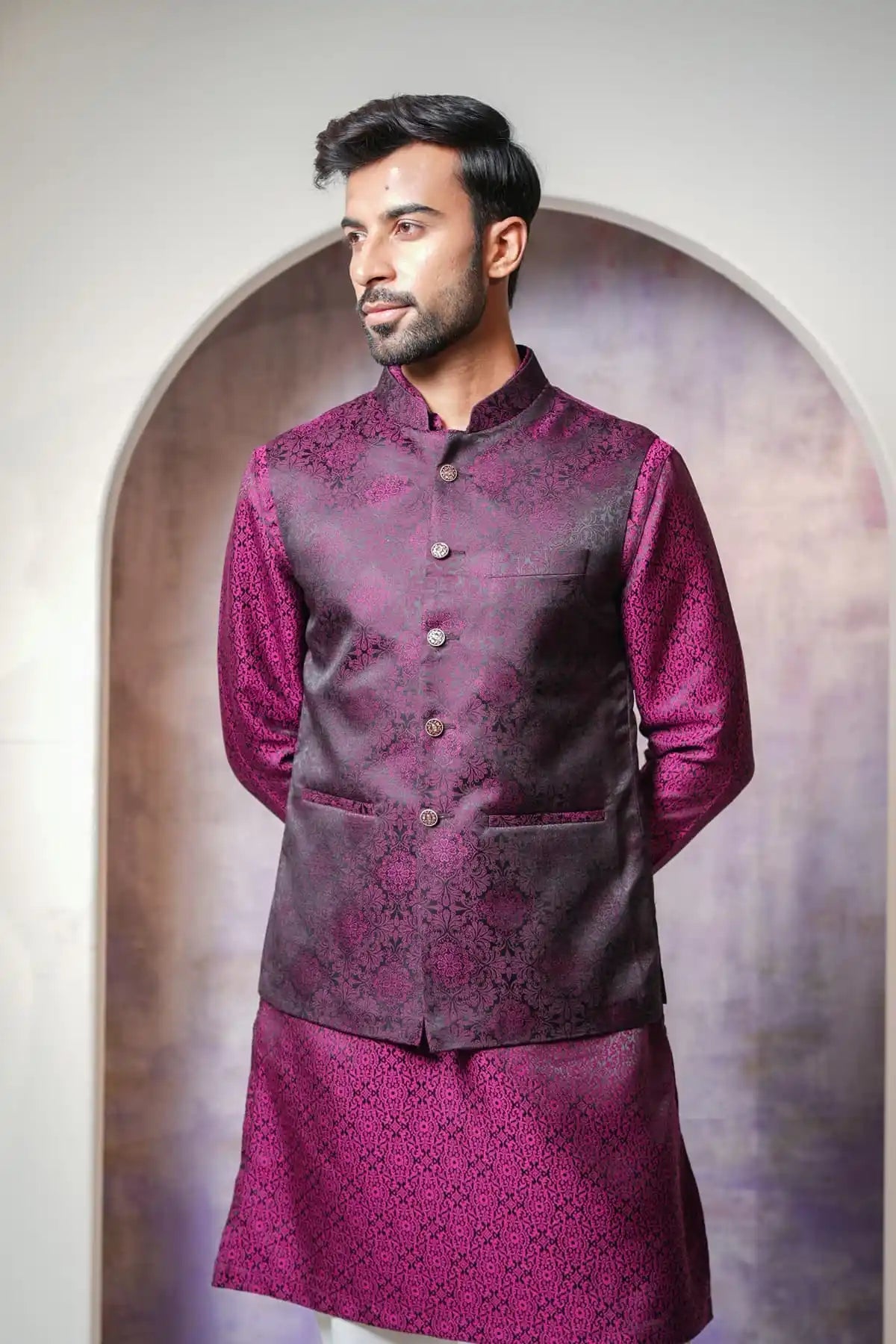Sleek Black Nehru Jacket With Purple Floral Pattern, Designer Jacquard Nehru Jacket - Kavarsa