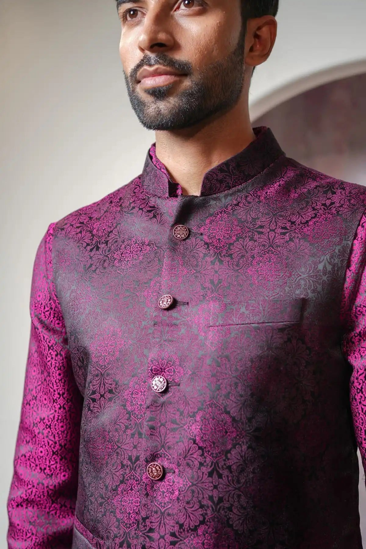 Sleek Black Nehru Jacket With Purple Floral Pattern, Designer Jacquard Nehru Jacket - Kavarsa