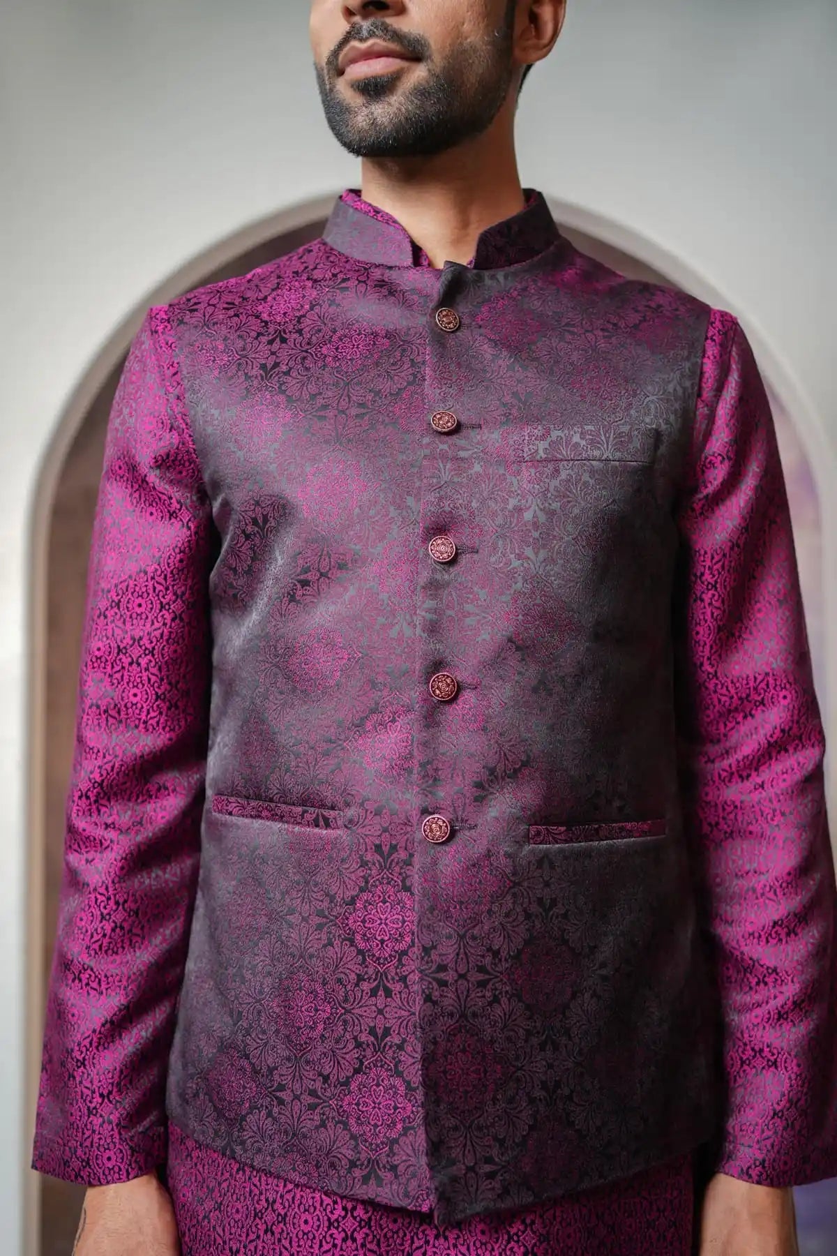 Sleek Black Nehru Jacket With Purple Floral Pattern, Designer Jacquard Nehru Jacket - Kavarsa