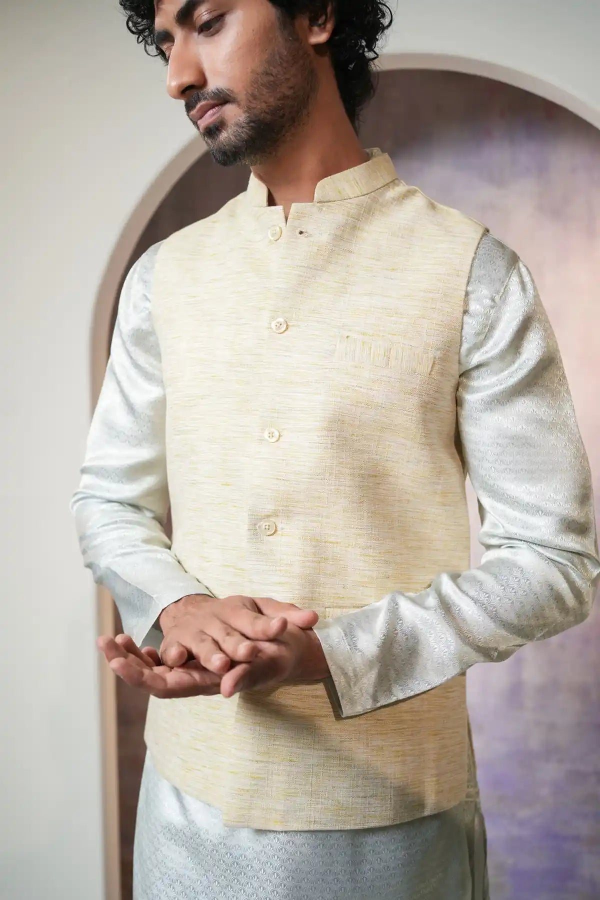 Sophisticated Beige Nehru Jacket, Khadi Nehru Jacket - Kavarsa