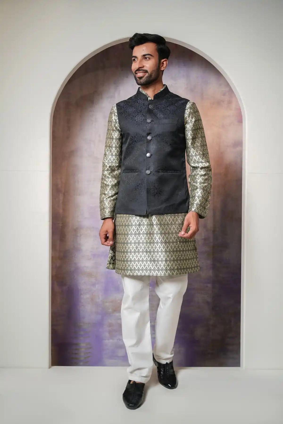 Stylish Black Floral Nehru Jacket, Designer Jacquard Nehru Jacket - Kavarsa