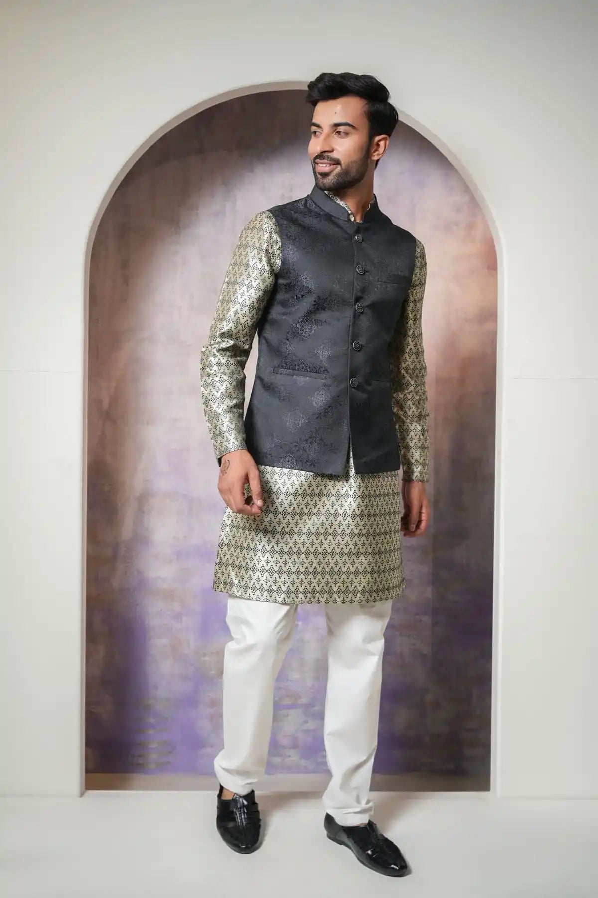 Stylish Black Floral Nehru Jacket, Designer Jacquard Nehru Jacket - Kavarsa