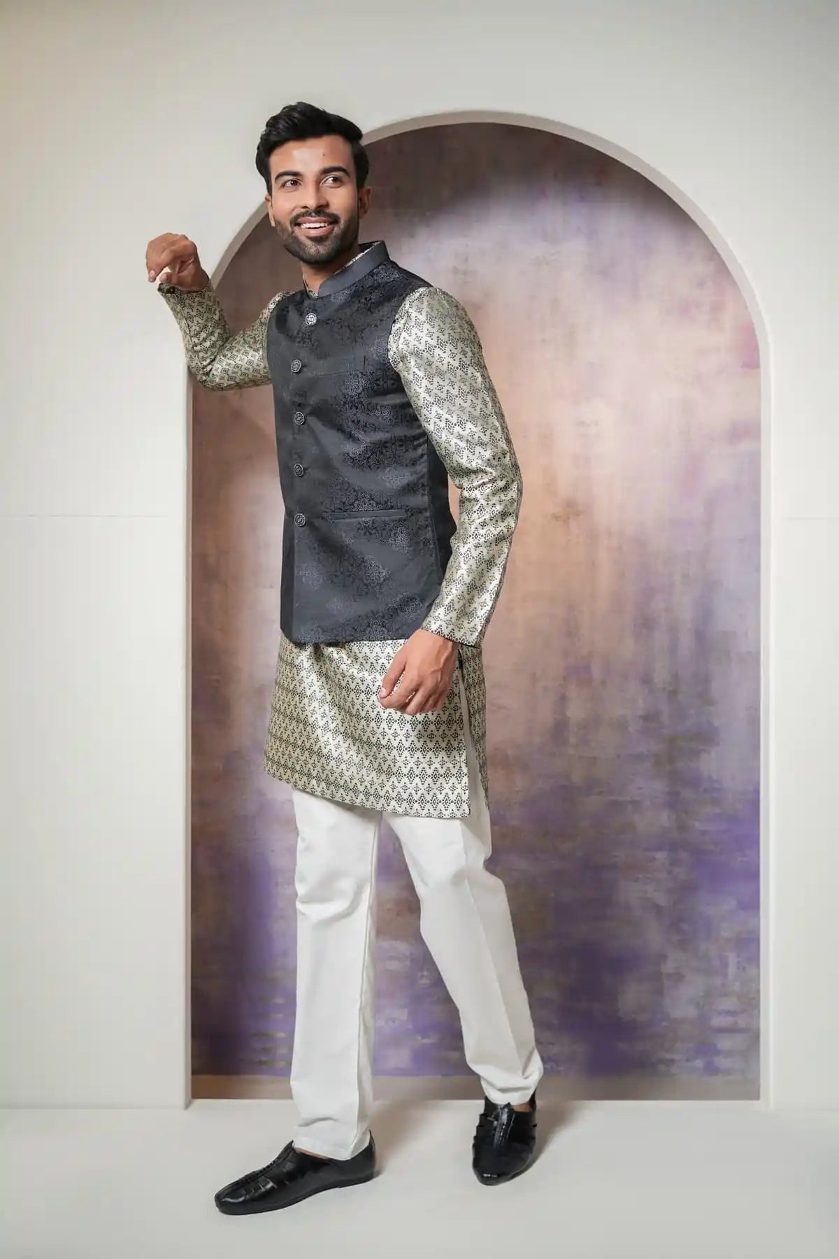 Stylish Black Floral Nehru Jacket, Designer Jacquard Nehru Jacket - Kavarsa