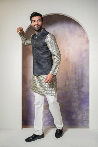 Stylish Black Floral Nehru Jacket, Designer Jacquard Nehru Jacket - Kavarsa