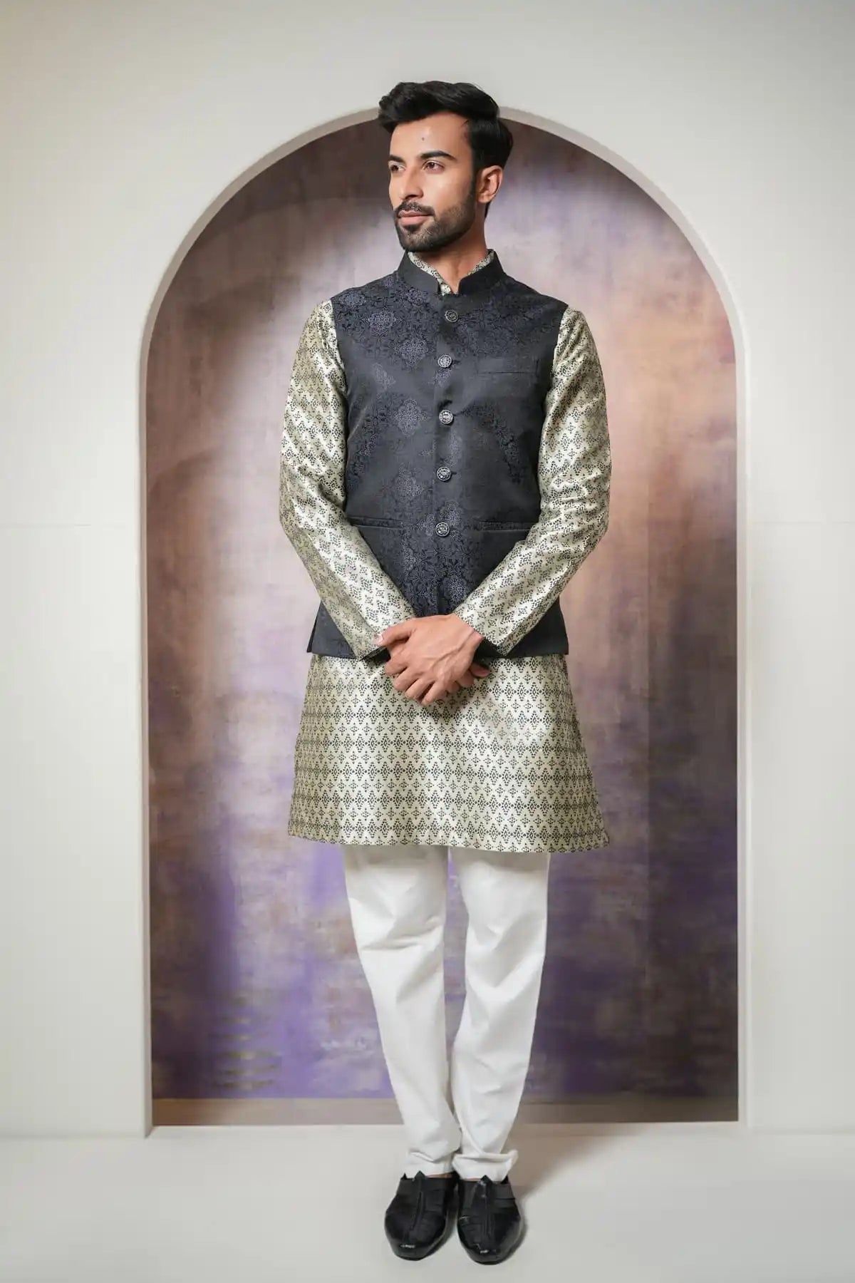Stylish Black Floral Nehru Jacket, Designer Jacquard Nehru Jacket - Kavarsa