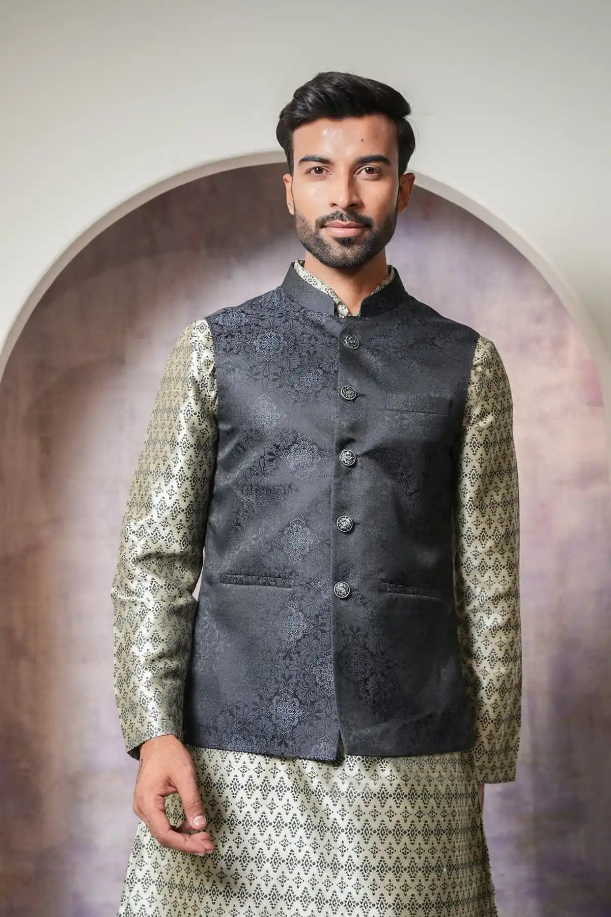 Stylish Black Floral Nehru Jacket, Designer Jacquard Nehru Jacket - Kavarsa