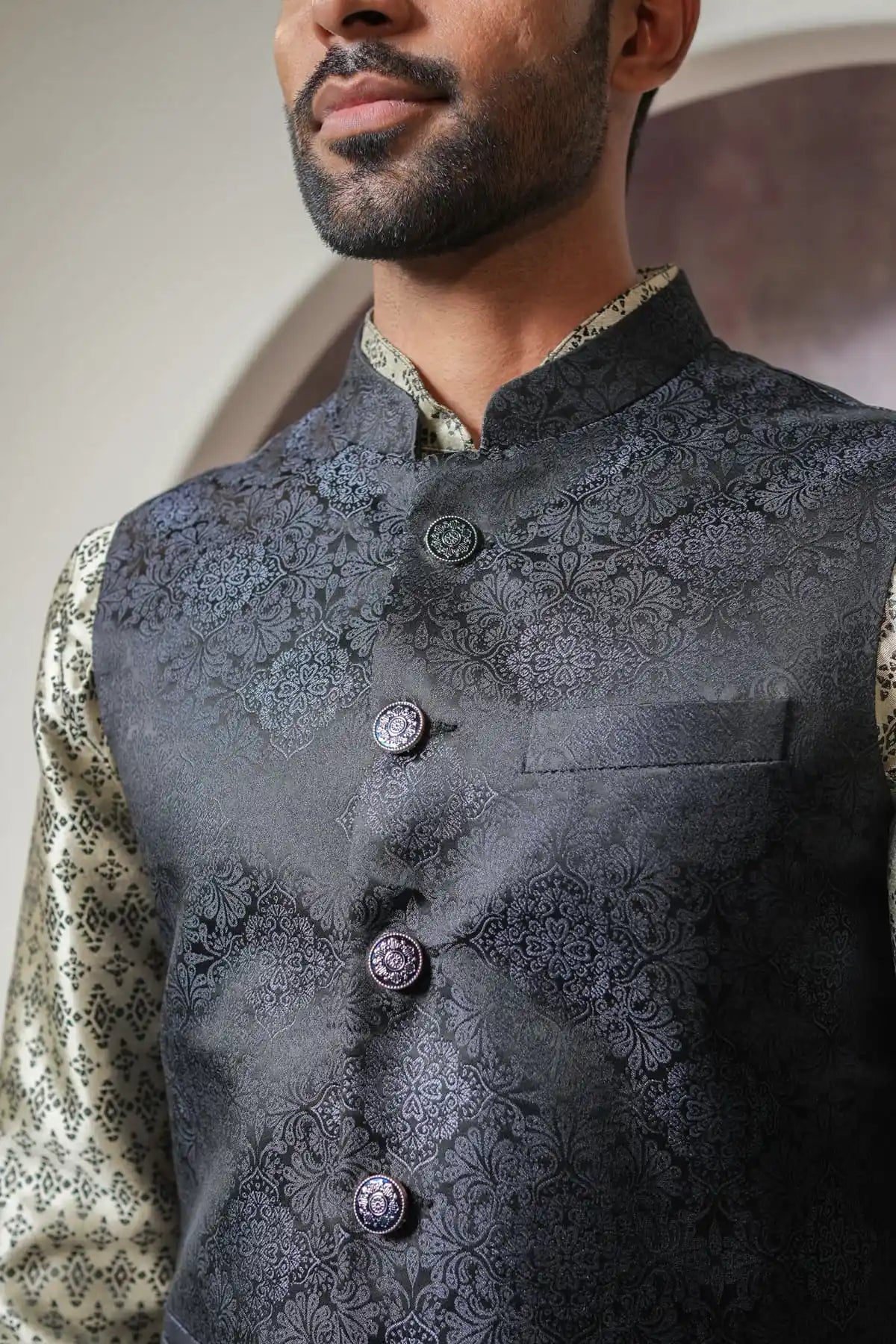 Stylish Black Floral Nehru Jacket, Designer Jacquard Nehru Jacket - Kavarsa