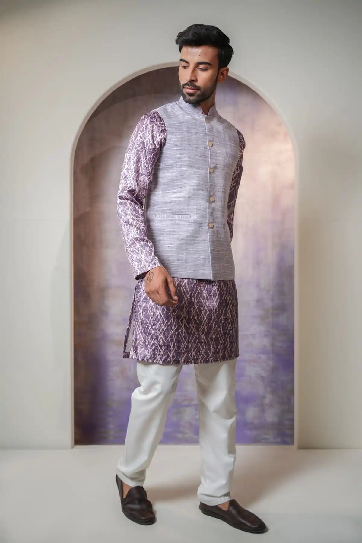 Stylish Lavender Gray Nehru Jacket, Khadi Nehru Jacket - Kavarsa