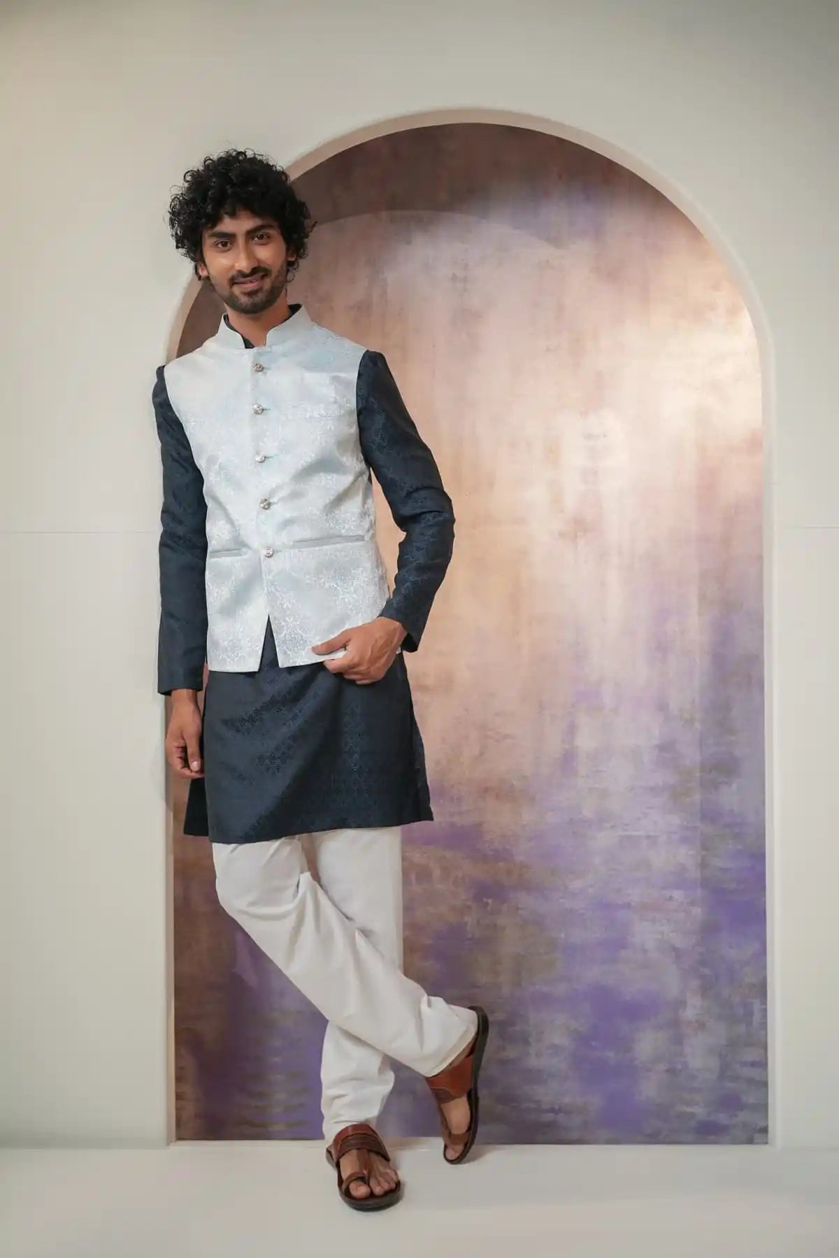Versatile Prussian Blue Nehru jacket, Designer Jackquard Nehru Jacket - Kavarsa