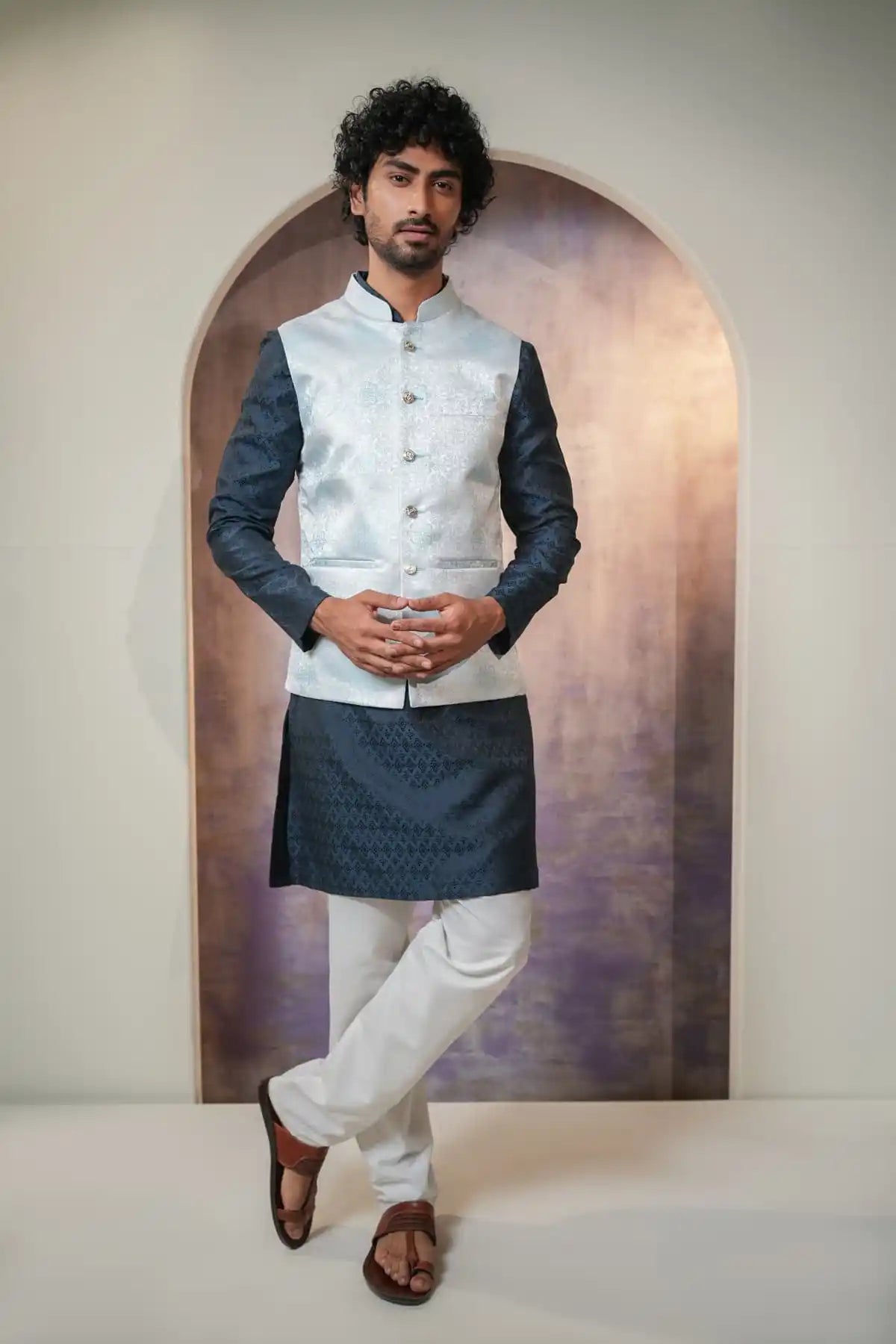 Versatile Prussian Blue Nehru jacket, Designer Jackquard Nehru Jacket - Kavarsa