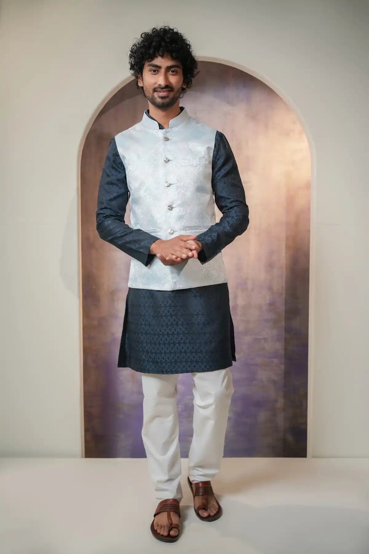 Versatile Prussian Blue Nehru jacket, Designer Jackquard Nehru Jacket - Kavarsa
