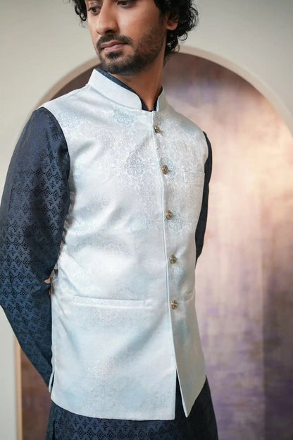 Versatile Prussian Blue Nehru jacket, Designer Jackquard Nehru Jacket - Kavarsa