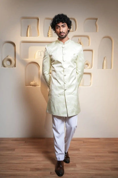 Yellow And Cream Brocade Indo-Western Sherwani, Designer Jacquard Indo-Western - Kavarsa