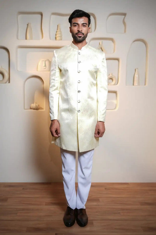 Yellow Patterned Indo-Western, Designer Jacquard Indo-Western - Kavarsa