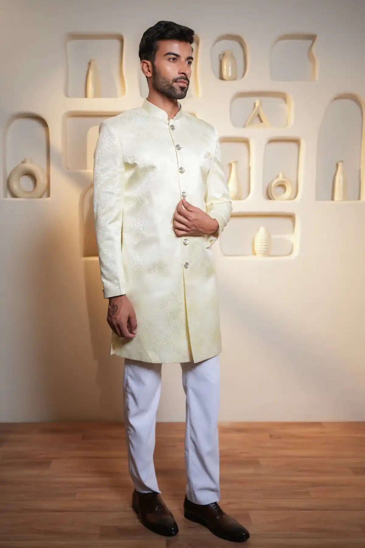 Yellow Patterned Indo-Western, Designer Jacquard Indo-Western - Kavarsa