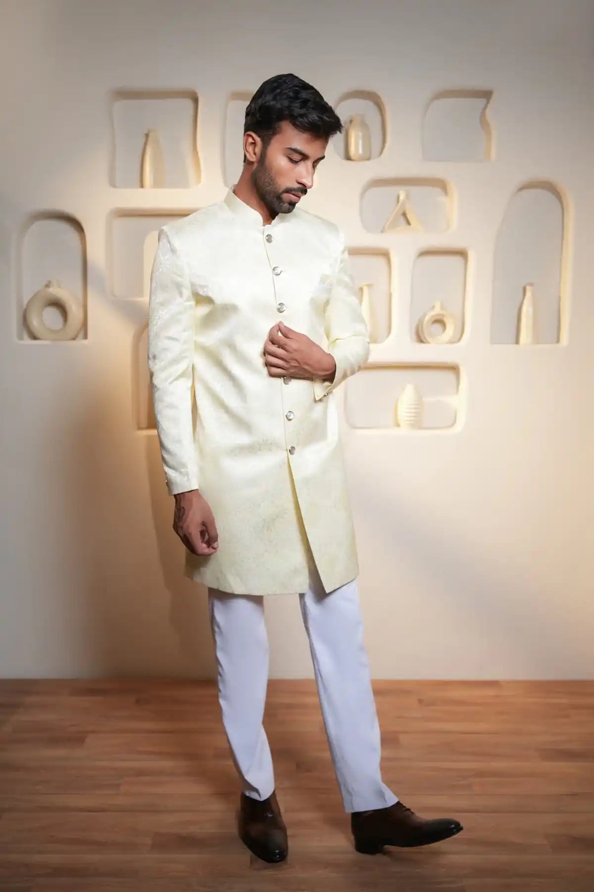 Yellow Patterned Indo-Western, Designer Jacquard Indo-Western - Kavarsa