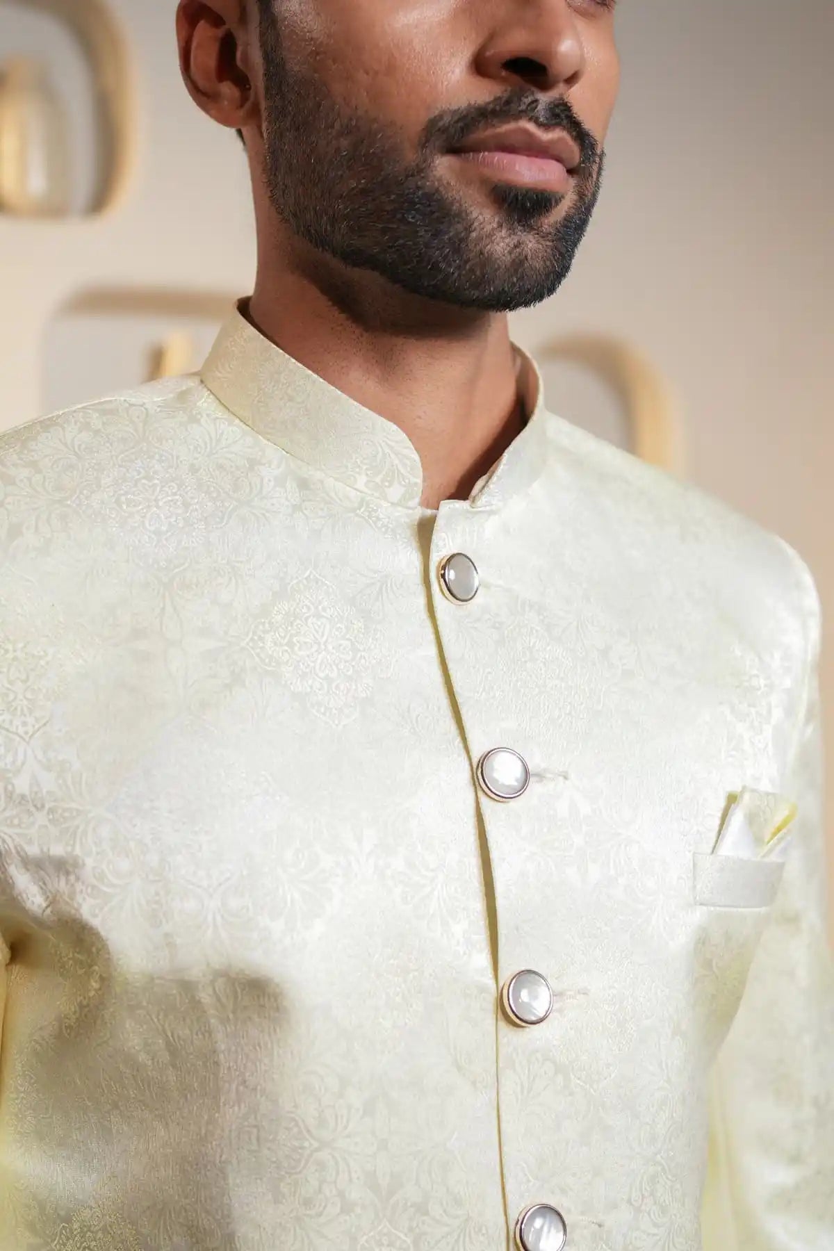 Yellow Patterned Indo-Western, Designer Jacquard Indo-Western - Kavarsa