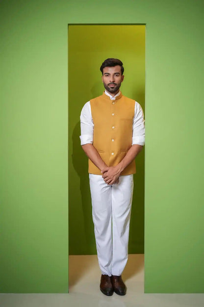 Yellow Textured Nehru Jacket, Formal Nehru Jacket - Kavarsa