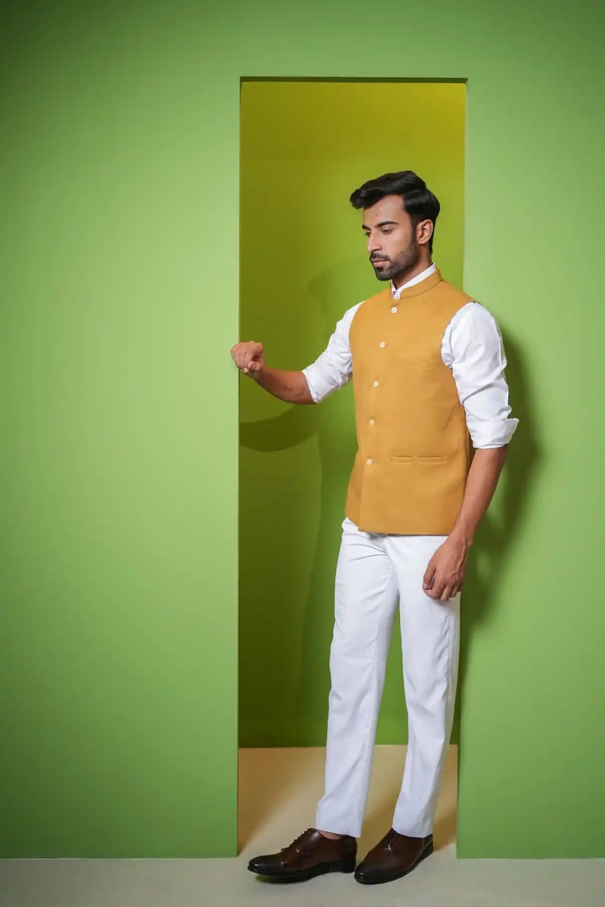 Yellow Textured Nehru Jacket, Formal Nehru Jacket - Kavarsa