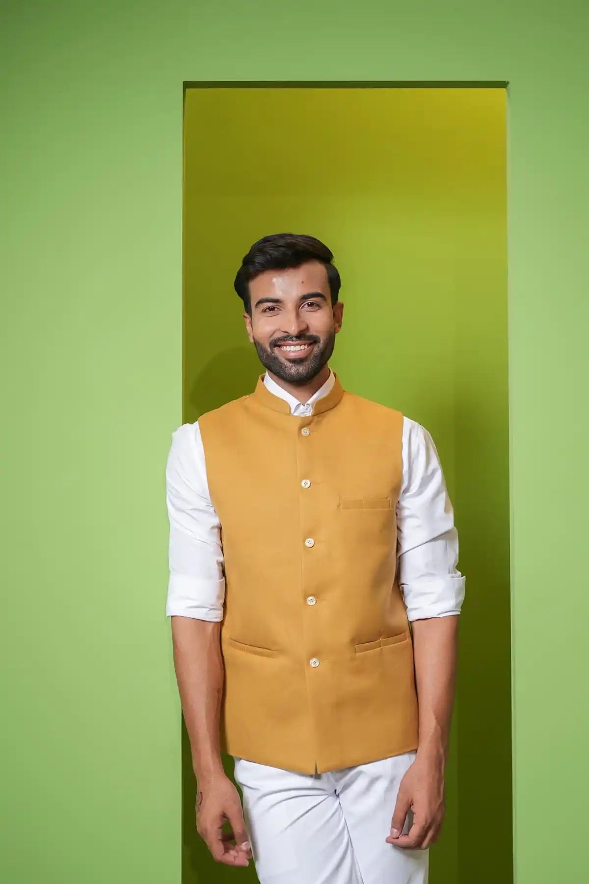 Yellow Textured Nehru Jacket, Formal Nehru Jacket - Kavarsa