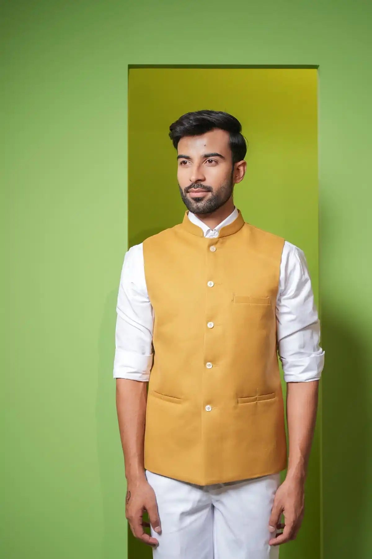 Yellow Textured Nehru Jacket, Formal Nehru Jacket - Kavarsa